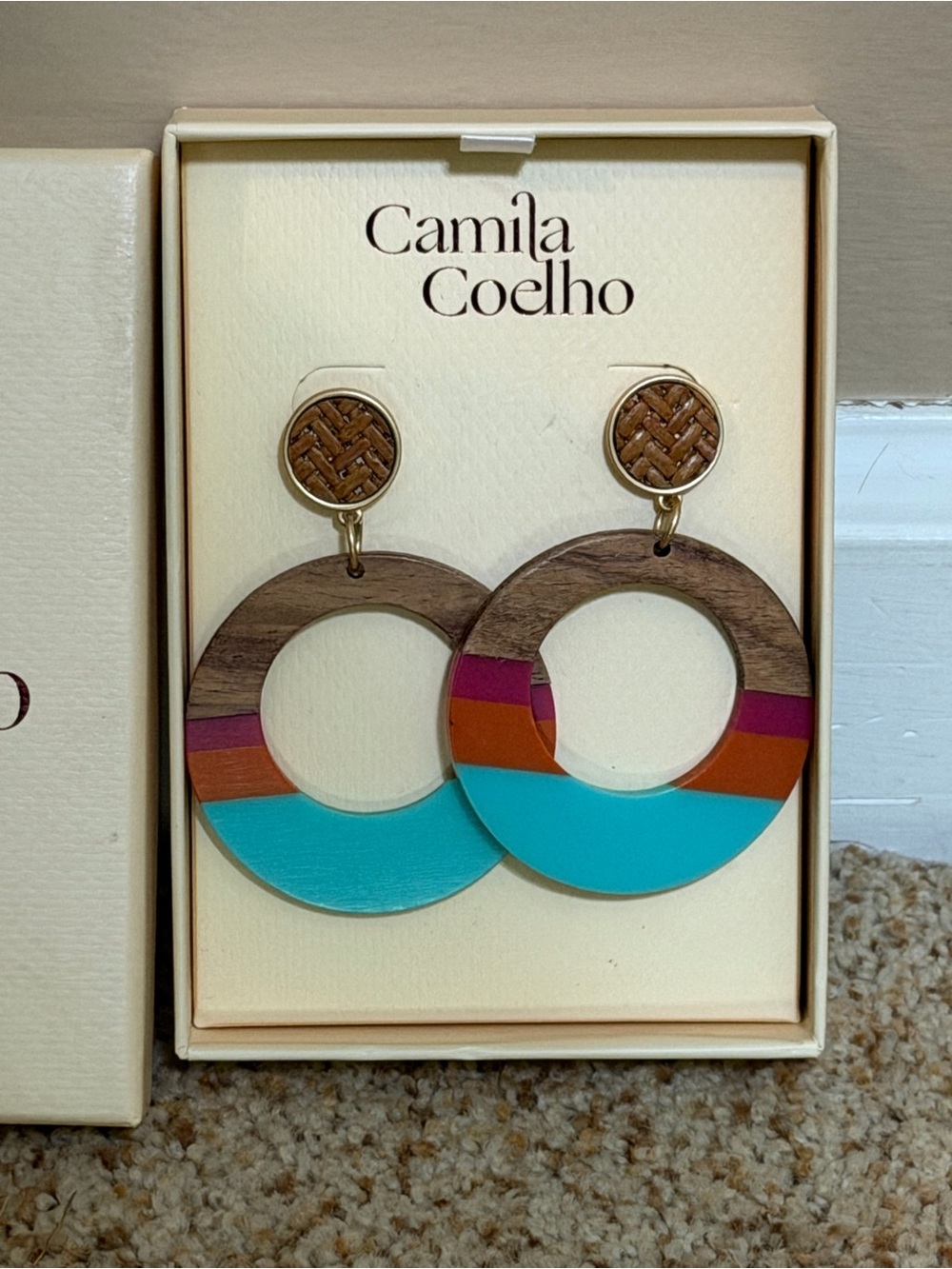 Camila Coelho Turquoise, Orange & Magenta Wood Hoop Earrings